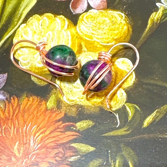 Zoisite Ruby dangle spheres rose gold long earrings/Gemini grounding stone - Picture 7 of 7